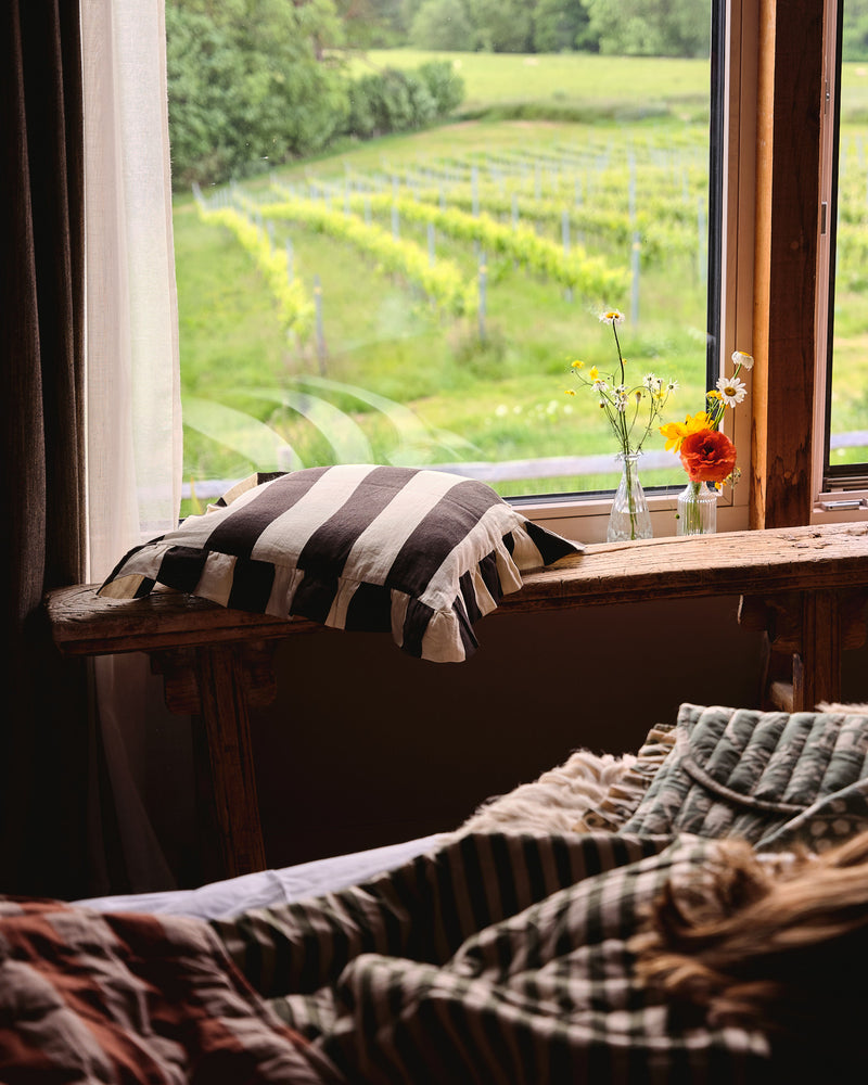 Stripey cushion with countryside background
