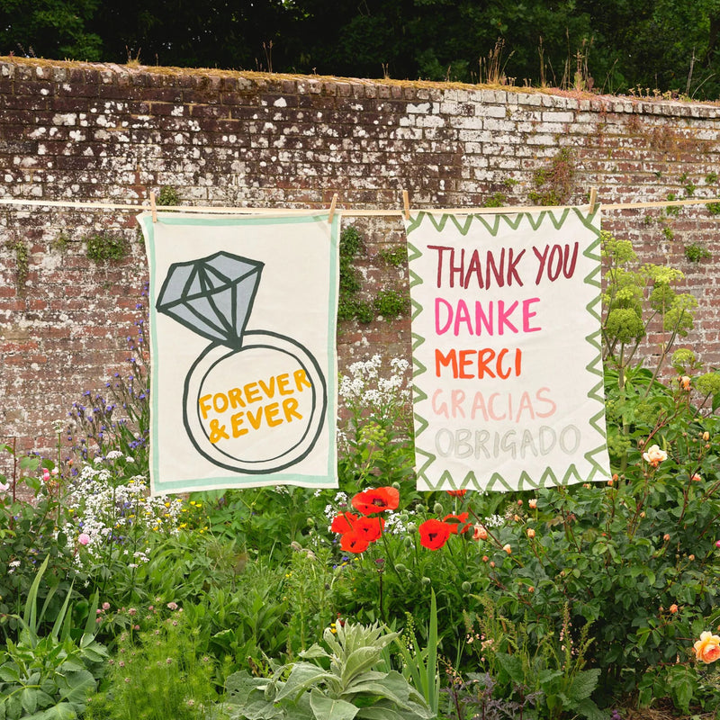 Anniversary tea towel hanging up that says forever and ever 