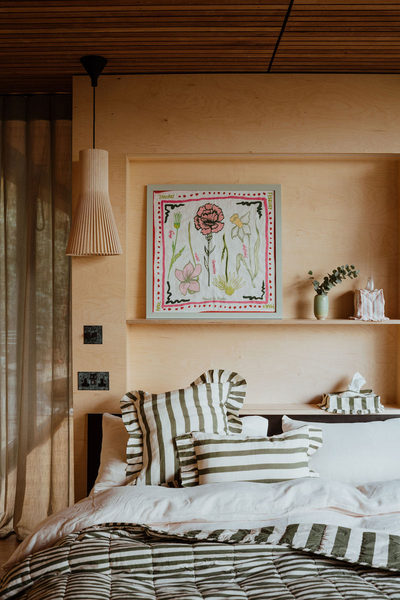 Amuse La Bouche styled bedroom with striped soft furnishings