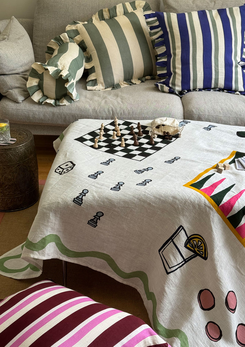 Games table linen with playing pieces by Amuse La Bouche